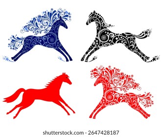 Set of horse silhouette animal set isolated on white background. Black , red, blue horses graphic element icon vector illustration. Logo Icon Symbol