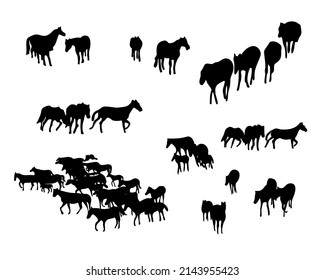Set of horse silhouette in line art style.Horse vector by hand drawing.Horse tattoo on white background.Illustration of a herd of horses running in the meadow
