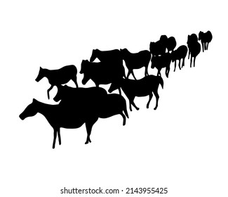 Set of horse silhouette in line art style.Horse vector by hand drawing.Horse tattoo on white background.Illustration of a herd of horses running in the meadow