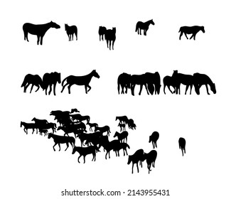 Set of horse silhouette in line art style.Horse vector by hand drawing.Horse tattoo on white background.Illustration of a herd of horses running in the meadow