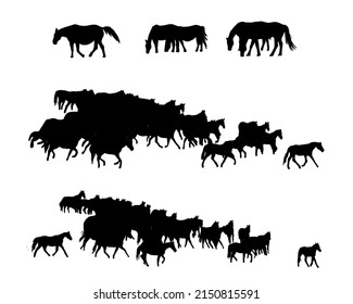 Set of horse silhouette in line art style.Horse vector by hand drawing.Horse tattoo on white background.Illustration of a herd of horses running in the meadow