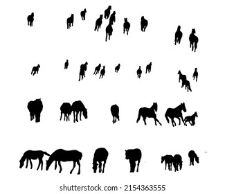 Set of horse silhouette in line art style.Horse vector by hand drawing.Horse tattoo on white background.Illustration of a herd of horses running in the meadow