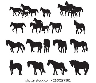 Set of horse silhouette in line art style.Horse vector by hand drawing.Horse tattoo on white background.Illustration of a herd of horses running in the meadow