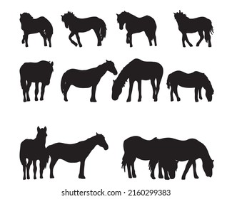 Set of horse silhouette in line art style.Horse vector by hand drawing.Horse tattoo on white background.Illustration of a herd of horses running in the meadow