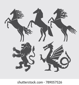 Set of horse silhouettes, dragon, lion.