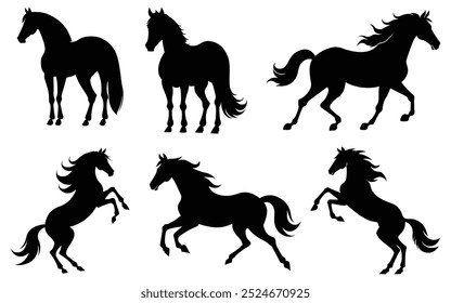 Conjunto de siluetas de caballos, con caballos corriendo en varias poses. Aislado sobre un fondo transparente para un uso versátil