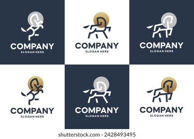 set of horse , variation action , simple line art, logo design template.