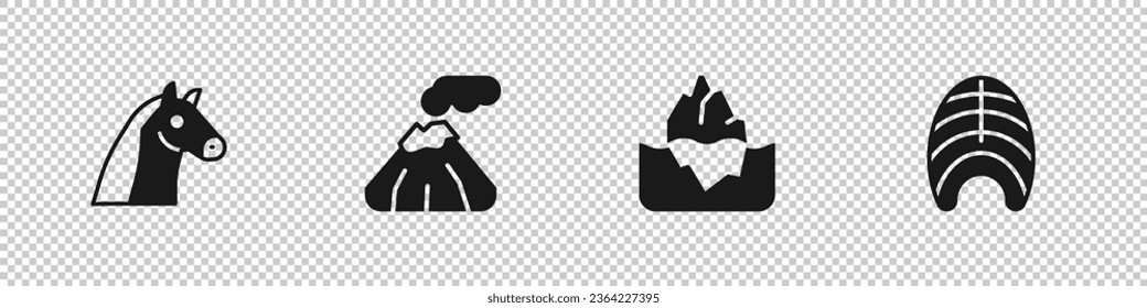 Set Horse, Volcano, Iceberg and Fish steak icon. Vector