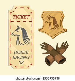 Set of Horseback riding. Racing icons for Activity Jockey club. Equipments for Equestrian Sport poster. Accessories horseshoe, whip, horse saddle, hippodrome, equine bridle for dressage