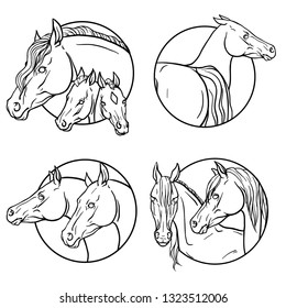 set horses in the circle coloring page. vector illustration.