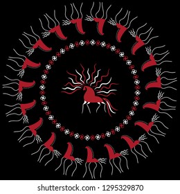 Set with horses decorative elements of cosmogonic traditional folk art of northern region of Russia. Mezensky red firebird. Illustration, vector