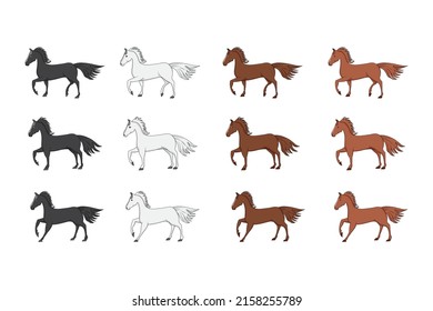 set of horses drawing - 3 Types 4 colors of horse template drawing in vector