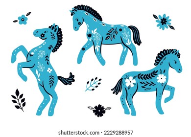 Set of horses with floral ornament isolated on white background. Vector graphics.