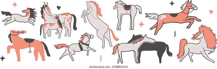 conjunto de cavalos em estilo desenhado à mão em vetor. elemento para decoração design postcard impressão adesivo animação cartaz fundo