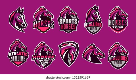 Set of horses logos. Sports logos of horses, racing stallions. Shield, text, mascot. Colorful collection, vector illustration