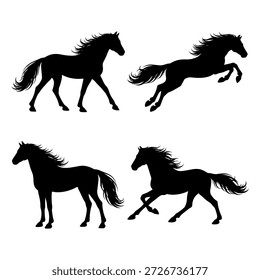 Conjunto de cavalos em movimento, silhuetas de cavalos
