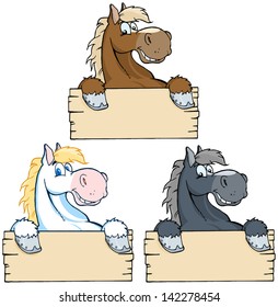 Set of Horses with Wood Sign. Vector Collection