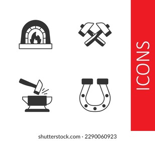 Set Horseshoe, Blacksmith oven, Anvil and hammer and Crossed icon. Vector
