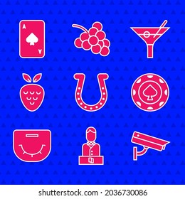 Set Horseshoe, Casino dealer, Security camera, chips, Poker table, slot machine with strawberry, Martini glass and Playing card spades icon. Vector