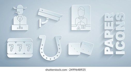 Set Horseshoe, Casino dealer, Slot machine with lucky sevens, Game dice, Security camera and Poker player icon. Vector