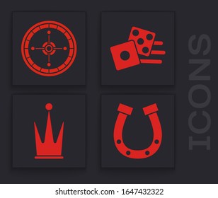 Set Horseshoe, Casino roulette wheel, Game dice and Crown icon. Vector