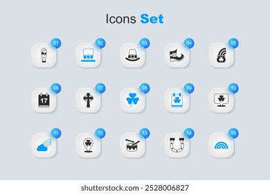 Set Horseshoe, Celtic cross, Leprechaun hat, Rainbow with cloud, Clover trefoil leaf, Glass of beer and  icon. Vector