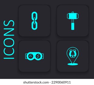 Set Horseshoe, Chain link, Sledgehammer and Welding glasses icon. Black square button. Vector