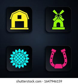 Set Horseshoe, Farm House concept, Sunflower and Windmill. Black square button. Vector