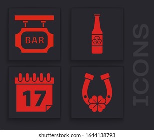 Set Horseshoe with four leaf clover, Street signboard with inscription Bar, Beer bottle with clover and Saint Patrick's day with calendar icon. Vector
