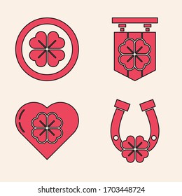 Set Horseshoe with four leaf clover, Gold coin with four leaf clover, Street signboard with four leaf clover and Heart with four leaf clover icon. Vector
