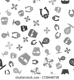 Hufeisen mit vierblättrigem Kleeblatt, keltisches Kreuz, Lage und vierblättrigem Kleeblatt und Glas Whiskey auf nahtlosem Muster setzen. Vector