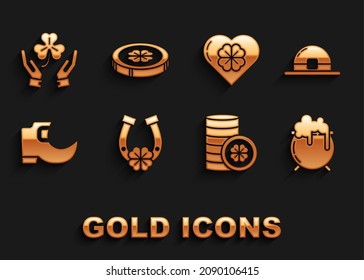Set Horseshoe with four leaf clover, Leprechaun hat, Witch cauldron, Gold coin, Tradition leprechaun boots, Heart, Human hands holding and  icon. Vector