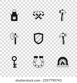 Set Horseshoe, Hammer, Schmiedeofen, Schild, Schürze, Hammer und mittelalterliche Axt Ikone. Vektorgrafik