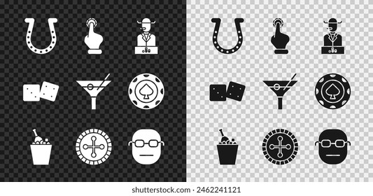 Set Horseshoe, Hand holding casino chips, Poker player, Champagne ice bucket, Casino roulette wheel, Game dice and Martini glass icon. Vector