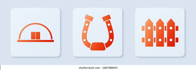 Set Horseshoe, Hangar and Garden fence wooden. White square button. Vector