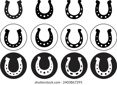 Set of Horseshoe icons. Black Fill silhouettes of horseshoes on transparent background. Horseshoes logos suitable for company logo, print, digital, icon, apps, and other marketing material purpose.