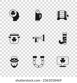 Set Horseshoe, Leprechaun boot, Clover trefoil leaf, Trumpet, Wooden barrel on rack, Head with clover, Glass of beer and Pot gold coins icon. Vector