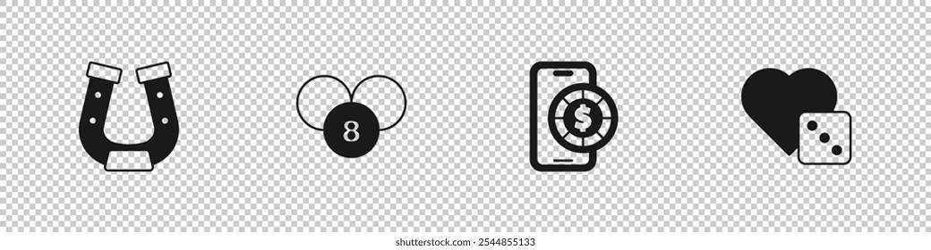 Set Horseshoe, Lottery ball on bingo card, Online poker table game and Game dice icon. Vector