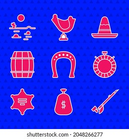 Set Horseshoe, Money bag, Native American indian smoking pipe, Canteen water bottle, Hexagram sheriff, Wooden barrel, Mexican sombrero hat and Desert landscape with cactus icon. Vector