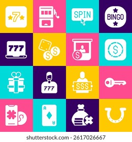 Set Horseshoe, Old key, Coin money with dollar, Slot machine spin button, Game dice, Laptop and slot, Casino and chips exchange icon. Vector