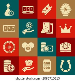 Set Horseshoe, Online poker table game, Crown, Lottery ticket, Hand holding casino chips, Slot machine with lucky sevens jackpot, Money bag and Playing card diamonds icon. Vector