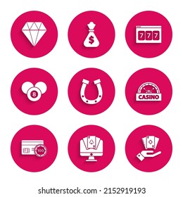 Set Horseshoe, Online poker table game, Hand holding deck of playing cards, Casino signboard, Credit, Billiard pool snooker 8 ball, slot machine with lucky sevens jackpot and Diamond icon. Vector