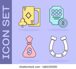Set Horseshoe, Playing card with diamonds, Money bag and Online slot machine icon. Vector