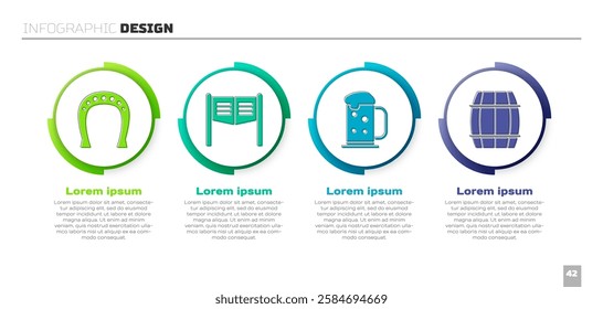 Set Horseshoe, Saloon door, Wooden beer mug and Wooden barrel. Business infographic template. Vector