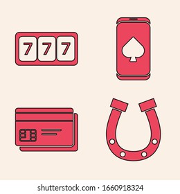 Set Horseshoe, Slot machine with lucky sevens jackpot, Online poker table game and Credit card icon. Vector