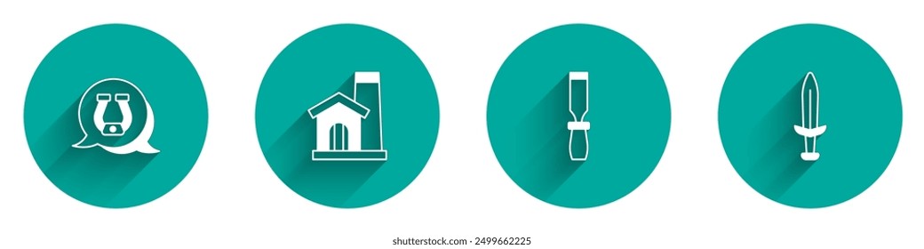 Set Hufeisen, Schmiedewerkstatt Interieur, Raspel Metallfeile und mittelalterliche Schwert-Ikone mit langem Schatten. Vektorgrafik
