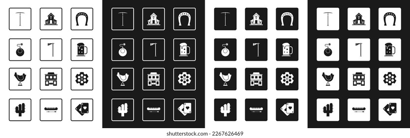 Set Horseshoe, Tomahawk axe, Bomb ready to explode, Pickaxe, Wooden beer mug, Church building, Revolver cylinder and Wild west saddle icon. Vector
