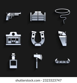 Ponga Horseshoe, el hacha Tomahawk, la canoa y el remo de Kayak, la pistola Revolver en una botella, la botella de Tequila, el salón Wild West, el Lasso y el icono. Vector