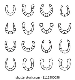 Set of horseshoe vector icon isolated on white background. Horse shoe silhouette as international good luck symbol. Fortune and success sign collection