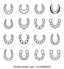 Set of horseshoe vector icon isolated on white background. Horse shoe silhouette as international good luck symbol. Fortune and success sign collection